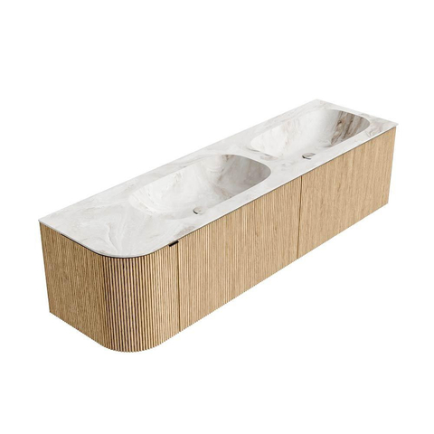 MONDIAZ KURVE-DLUX meuble de salle de bains 165 cm avec module 25 L couleur Oak avec 2 tiroirs et 1 porte. Lavabo STOR SMALL double / à droite sans trou de robinet couleur Frappe. SW1137463