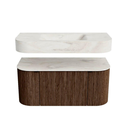 MONDIAZ THOR-DLUX 100cm meuble de salle de bains arrondi gauche + droite couleur Walnut avec 1 tiroir et 2 portes. Vasque suspendue CLOUD Milieu 1 trou de robinet couleur Ostra. SW1467388