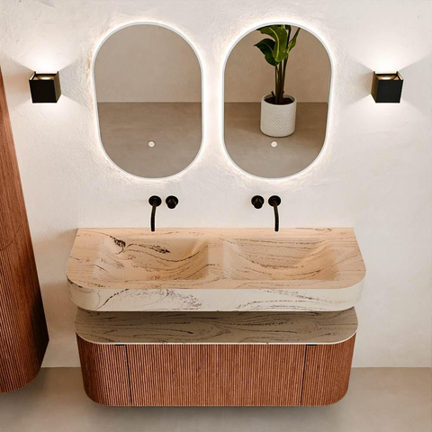MONDIAZ THOR-DLUX 130cm meuble de salle de bains arrondi gauche + droite couleur Ruby avec 1 tiroir et 2 portes. Vasque suspendue CLOUD Double sans trou de robinet couleur Arena. SW1463796