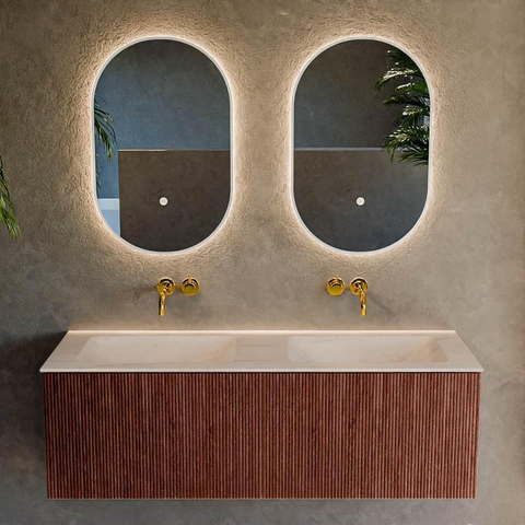 MONDIAZ KURVE-DLUX Meuble de salle de bains 130cm couleur Ruby avec 2 tiroirs et 0 portes. Lavabo LEAF Double sans trou de robinet Meli. SW1431991