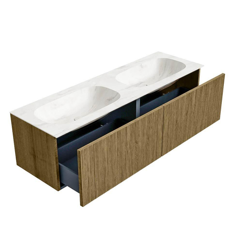 Mondiaz KURVE-DLUX Badkamermeubelset - 150x46x40cm - 2 lade - wastafel solid surface - dubbel - 2 kraangaten - Dusk SW1415200