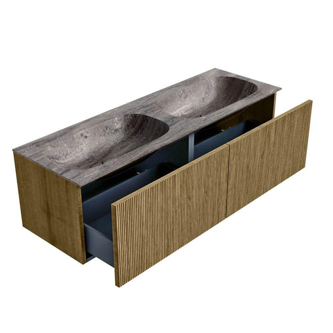 MONDIAZ KURVE-DLUX Meuble de salle de bains 140 cm couleur Dusk avec 2 tiroirs et 0 portes. Plan-vasque STOR SMALL Double sans trou de robinet Oza. SW1433040