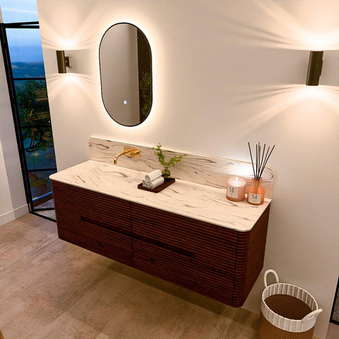 Mondiaz CIRO-DLUX Badkamermeubelset - 150x45x50cm - Solid surface wastafel Nata - 1 wasbak Links - zonder kraangaten - 4 lades - Ruby SW1532080