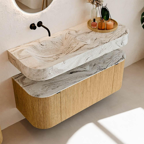 MONDIAZ THOR-DLUX 120cm meuble de salle de bains arrondi gauche + droite couleur Oak avec 1 tiroir et 2 portes. Vasque suspendue CLOUD gauche sans trou de robinet couleur Glace. SW1463072