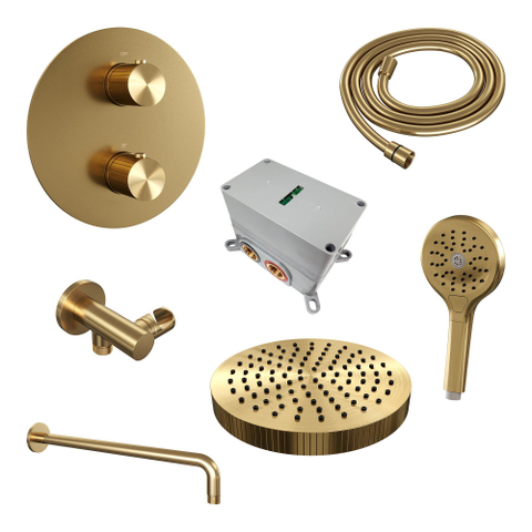 BRAUER Stripe Douche de tête thermostatique encastrable - 3 voies - ronde - SET 41 - pomme de douche 25cm - bras mural courbé - douchette 3 positions - flexible de douche - coude mural - PVD brossé or SW1434860