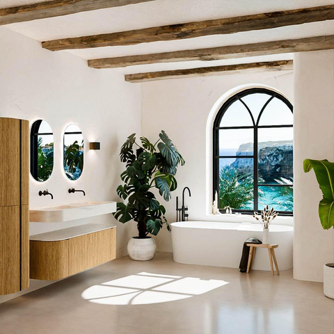 MONDIAZ THOR-DLUX 140cm badmeubel ronding links + rechts kleur Oak met 1 lade en 2 deuren. Vrijhangende wastafel CLOUD Dubbel zonder kraangat kleur Meli. SW1464393