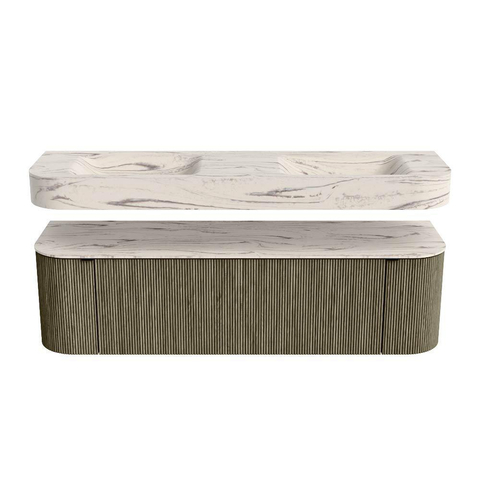 MONDIAZ THOR-DLUX Meuble de salle de bains 160cm arrondi gauche + droite couleur Shadow avec 1 tiroir et 2 portes. Vasque suspendue CLOUD Double sans trou de robinet couleur Nata. SW1465280