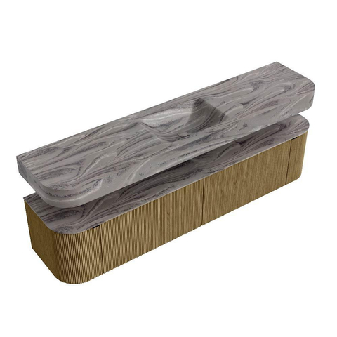 MONDIAZ THOR-DLUX 200cm meuble de salle de bains arrondi gauche + droite couleur Dusk avec 2 tiroirs et 2 portes. Vasque suspendue CLOUD Milieu sans trou de robinet couleur Sombra. SW1467277