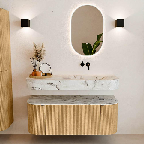 MONDIAZ THOR-DLUX 120cm meuble de salle de bains arrondi gauche + droite couleur Oak avec 1 tiroir et 2 portes. Vasque suspendue CLOUD Droite sans trou de robinet couleur Glace. SW1463087