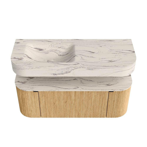 MONDIAZ THOR-DLUX 120cm badmeubel ronding links + rechts kleur Oak met 1 lade en 2 deuren. Vrijhangende wastafel CLOUD Links 1 kraangat kleur Nata. SW1463364