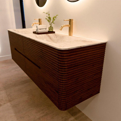 Mondiaz CIRO-DLUX Badkamermeubelset - 160x45x50cm - Solid surface wastafel Frappe - 2 wasbak Dubbel - 2 kraangaten - 4 lades - Ruby SW1531548