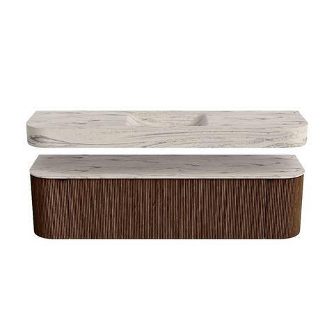 MONDIAZ THOR-DLUX 170cm meuble de salle de bains arrondi gauche + droite couleur Walnut avec 1 tiroir et 2 portes. Vasque suspendue CLOUD Milieu 1 trou de robinet couleur Nata. SW1465780