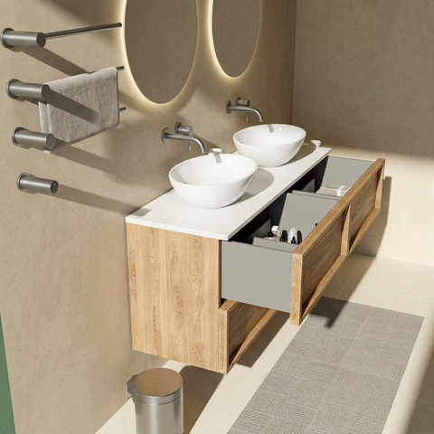 Saniclass Holz Frame Badkamermeubelset - 140x45x62.5cm - Torino solid surface topblad wit - zonder kraangat - 4 lades - mat eiken natural (hout) SW1579992