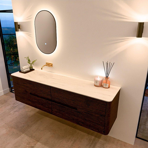 Mondiaz CIRO-DLUX Meuble de salle de bains - 180x45x50cm - Plan vasque Solid surface Meli - 1 vasque à gauche - sans perçages pour robinet - 4 tiroirs - Noyer SW1530536