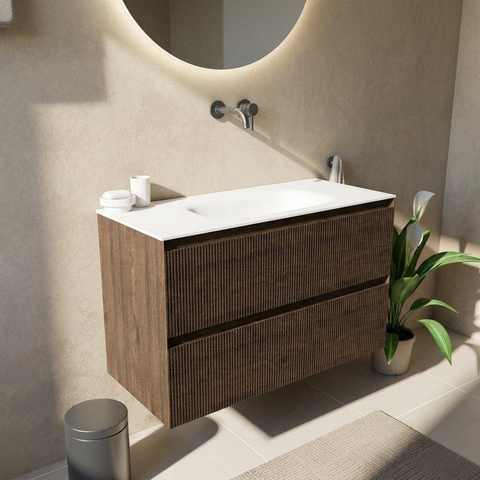 Saniclass Holz Atelier Ensemble meuble de salle de bains - 100x45x61.5cm - lavabo Flow en solid surface blanc - 1 vasque - sans trou de robinet - 2 tiroirs - chêne charcoal mat (bois) SW1478394