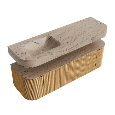 MONDIAZ THOR-DLUX 150cm badmeubel ronding links + rechts kleur Oak met 1 lade en 2 deuren. Vrijhangende wastafel CLOUD Links 1 kraangat kleur Arena. SW1464714
