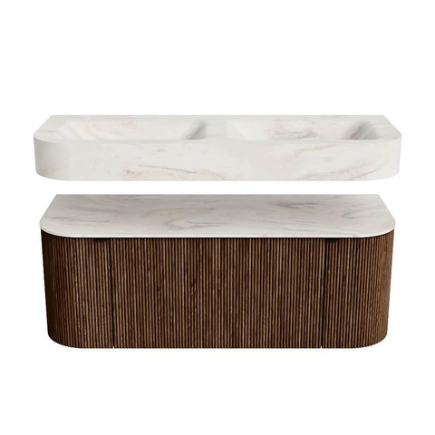 MONDIAZ THOR-DLUX 120cm badmeubel ronding links + rechts kleur Walnut met 1 lade en 2 deuren. Vrijhangende wastafel CLOUD Dubbel 2 kraangaten kleur Ostra. SW1463230