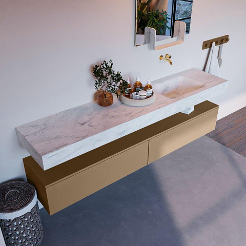 Mondiaz ALAN-DLUX Ensemble de meuble - 200cm - meuble Oro mat - 2 tiroirs - Lavabo Cloud Opalo suspendu - vasque Droite - 0 trous de robinet SW807036