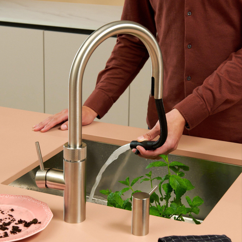 Quooker Flex Round kokendwaterkraan - draaibare & uittrekbare uitloop - Combi incl. Cube reservoir - Warm / kokend / bruisend / gefilterd water - RVS SW299731