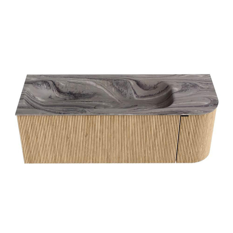 MONDIAZ KURVE-DLUX 125cm badmeubel ronding Rechts kleur Oak met 1 lade en 1 deur. Wastafel BIG MEDIUM Links 1 kraangat Sombra. SW1433575