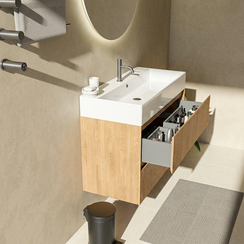 Saniclass Holz Atelier Ensemble meuble de salle de bains - 100x45x72cm - Legend lavabo en céramique blanc - 1 vasque - 1 trou de robinet - 2 tiroirs - chêne natural mat (bois) SW1478489