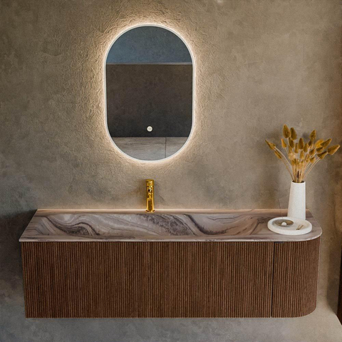 MONDIAZ KURVE-DLUX Meuble de salle de bains 145cm arrondi à droite couleur Walnut avec 1 tiroir et 1 porte. Lavabo BIG LARGE à gauche 1 trou de robinet Sombra. SW1433681