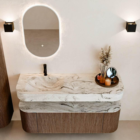 MONDIAZ THOR-DLUX 140cm badmeubel ronding links + rechts kleur Walnut met 1 lade en 2 deuren. Vrijhangende wastafel CLOUD Links 1 kraangat kleur Glace. SW1463968