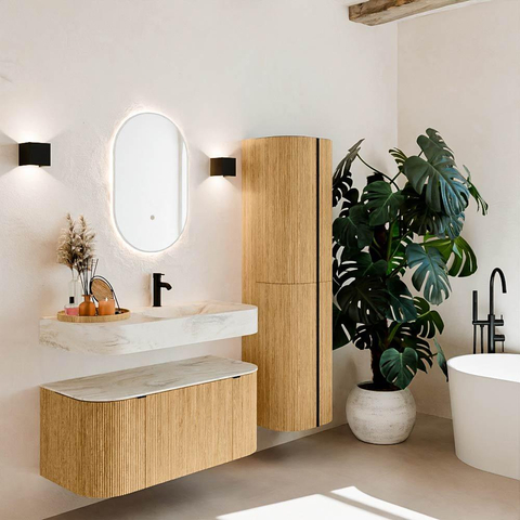 MONDIAZ THOR-DLUX 100cm meuble de salle de bains arrondi gauche + droite couleur Oak avec 1 tiroir et 2 portes. Vasque suspendue CLOUD Droite 1 trou de robinet couleur Ostra. SW1467331