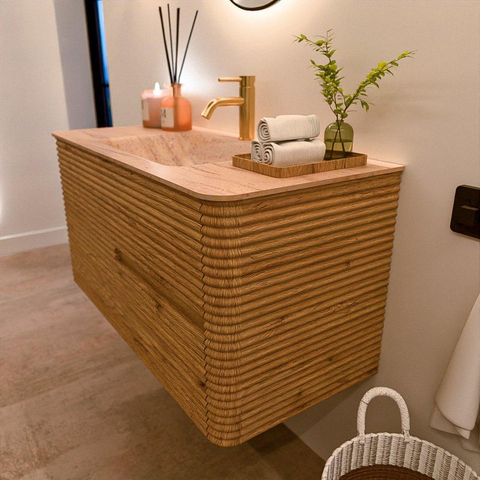 Mondiaz CIRO-DLUX Badkamermeubelset - 100x45x50cm - Solid surface wastafel Saba - 1 wasbak Midden - 1 kraangat - 2 lades - Oak SW1531172