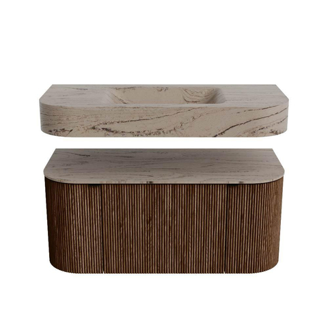 MONDIAZ THOR-DLUX 100cm meuble de salle de bains arrondi gauche + droite couleur Walnut avec 1 tiroir et 2 portes. Vasque suspendue CLOUD Centre sans trou de robinet couleur Arena. SW1467447
