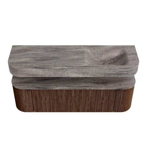 MONDIAZ THOR-DLUX 150cm badmeubel ronding links + rechts kleur Walnut met 1 lade en 2 deuren. Vrijhangende wastafel CLOUD Rechts 1 kraangat kleur Oza. SW1464833