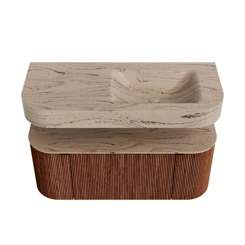 MONDIAZ THOR-DLUX 110cm meuble de salle de bains arrondi gauche + droite couleur Ruby avec 1 tiroir et 2 portes. Vasque suspendue CLOUD droite sans trou de robinet couleur Arena. SW1462904