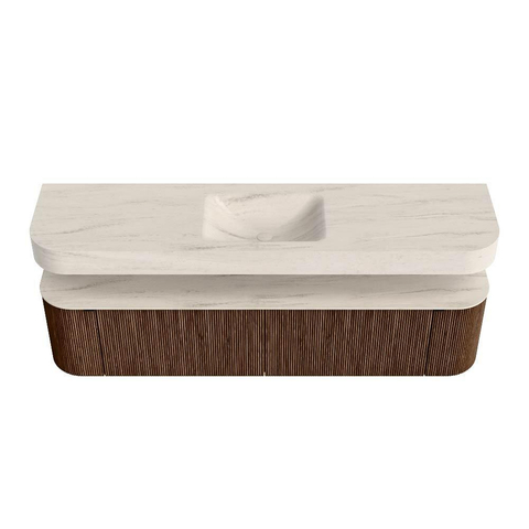 MONDIAZ THOR-DLUX 190cm meuble de salle de bains arrondi gauche + droite couleur Walnut avec 2 tiroirs et 2 portes. Vasque suspendue CLOUD Milieu 1 trou de robinet couleur Meli. SW1466648
