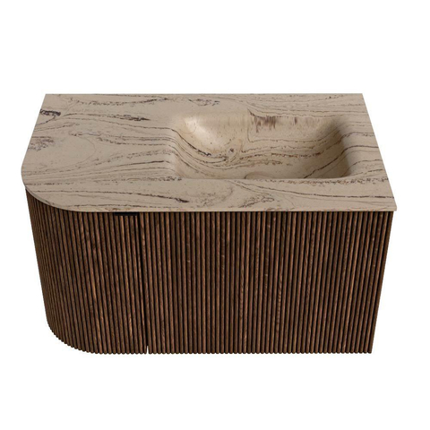 MONDIAZ KURVE-DLUX 75cm badmeubel ronding Links kleur Walnut met 1 lade en 1 deur. Wastafel GRUNNE Rechts 1 kraangat Arena. SW1431185