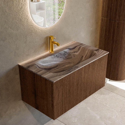 MONDIAZ KURVE-DLUX 80cm badmeubel kleur Walnut met 1 lade en 0 deuren. Wastafel BIG SMALL Midden 1 kraangat Sombra. SW1433649