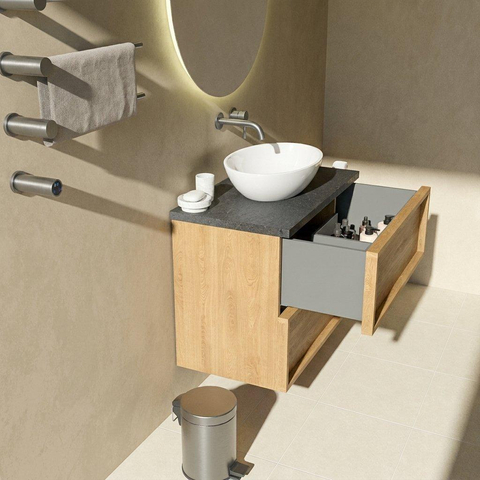 Saniclass Holz Frame Badkamermeubelset - 80x45x63cm - Noche basalten wastafelblad gepolijst (zwart) - zonder kraangat - 2 lades - mat eiken natural (hout) SW1579894