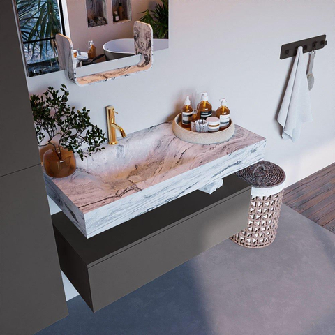 Mondiaz ALAN-DLUX Ensemble de meuble - 100cm - meuble Dark grey mat - 1 tiroir - Lavabo Cloud Glace suspendu - vasque Gauche - 1 trou de robinet SW804827