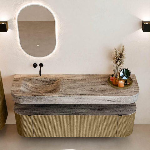 MONDIAZ THOR-DLUX 160cm meuble de salle de bains arrondi gauche + droite couleur Dusk avec 1 tiroir et 2 portes. Vasque suspendue CLOUD Gauche sans trou de robinet couleur Oza. SW1465321