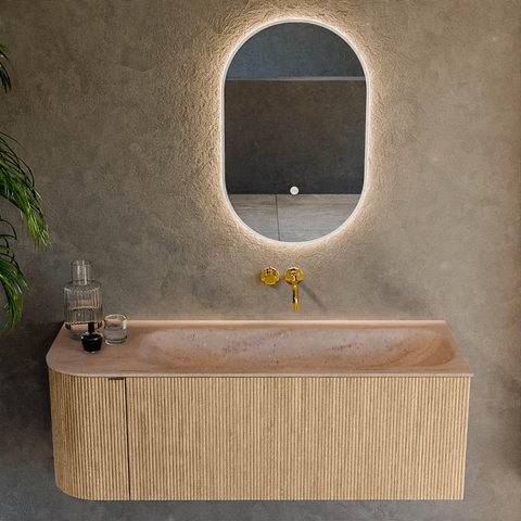 MONDIAZ KURVE-DLUX Meuble de salle de bains 125cm arrondi Gauche couleur Chêne avec 1 tiroir et 1 porte. Lavabo BIG MEDIUM Droite sans trou de robinet Saba. SW1433071