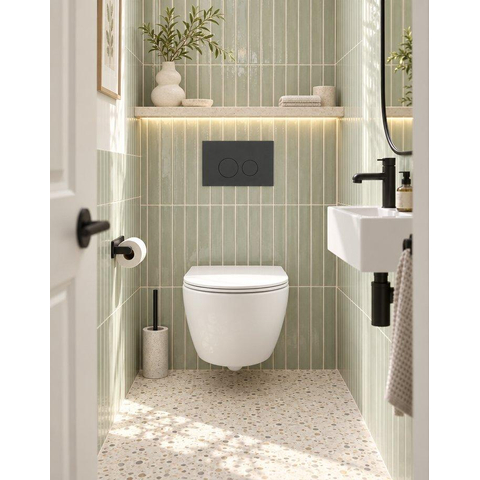Pack WC QeramiQ Dely Swirl Compact - réservoir encastrable Geberit UP320 - avec bâti-support Burda - abattant slim - plaque de commande en plastique anthracite mat - boutons ronds - blanc mat SW1595649
