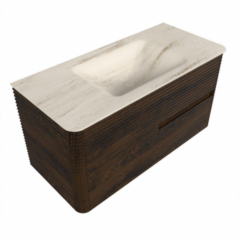 Mondiaz CIRO-DLUX Ensemble meuble de salle de bains - 100x45x50cm - Plan vasque solid surface Meli - 1 vasque au milieu - 1 trou de robinetterie - 2 tiroirs - Noyer SW1533776