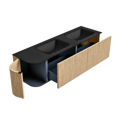 MONDIAZ KURVE 155cm meuble de salle de bains avec module 25 L couleur Oak avec 2 tiroirs et 1 porte. Lavabo CLOUD double / à droite sans trou de robinet Urban. SW1138413