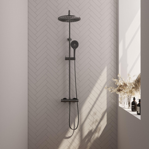 BRAUER Gunmetal Carving ensemble de douche pluie apparent – douche de tête Ø 30 cm – barre de douche – douchette ronde – barre de douche 145 cm SW1164662