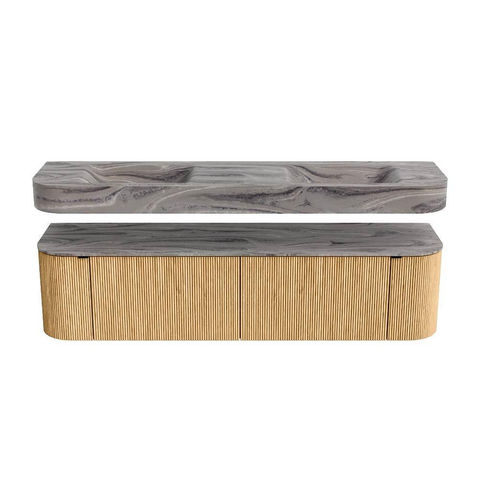 MONDIAZ THOR-DLUX 180cm meuble de salle de bains arrondi gauche + droite couleur Oak avec 2 tiroirs et 2 portes. Vasque suspendue CLOUD Double sans trou de robinet couleur Sombra. SW1466268