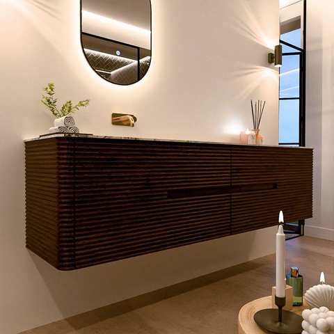Mondiaz CIRO-DLUX Ensemble de meubles de salle de bains - 190x45x50cm - Vasque en solid surface Glace - 1 lavabo à gauche - sans trous de robinet - 4 tiroirs - Noyer SW1530152