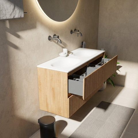 Saniclass Holz Atelier Badkamermeubelset - 120x45x61.5cm - Flow solid surface wastafel wit - 2 wasbakken - zonder kraangaten - 4 lades - mat eiken natural (hout) SW1478411