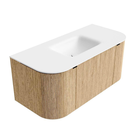MONDIAZ KURVE Meuble de salle de bains 100 cm avec module 25 Len R couleur Chêne avec 1 tiroir et 2 portes. Lavabo GRUNNE central sans trou de robinet Talc. SW1137369