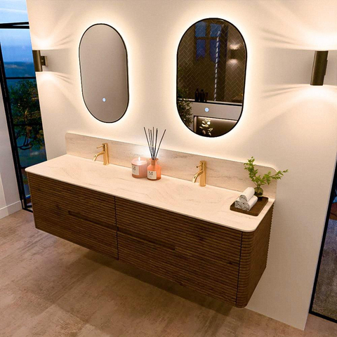 Mondiaz CIRO-DLUX Badkamermeubelset - 180x45x50cm - Solid surface wastafel Meli - 2 wasbak Dubbel - 2 kraangaten - 4 lades - Dusk SW1533186