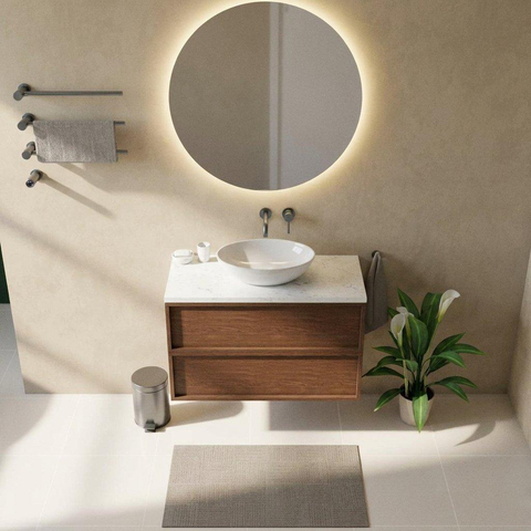 Saniclass Holz Frame Badkamermeubelset - 100x45x63cm - Dia marmeren wastafelblad gepolijst (wit) - zonder kraangat - 2 lades - mat walnut pure (hout) SW1579960