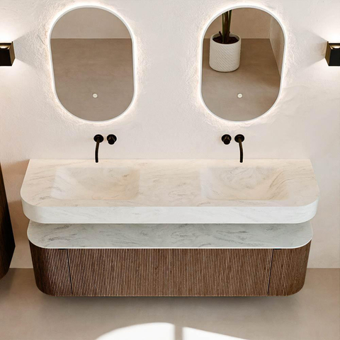 MONDIAZ THOR-DLUX 170cm meuble de salle de bains arrondi gauche + droite couleur Walnut avec 1 tiroir et 2 portes. Vasque suspendue CLOUD Double sans trou de robinet couleur Opalo. SW1465586